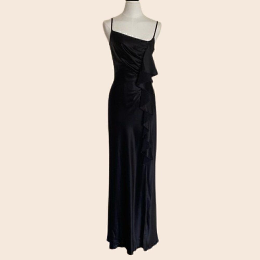 ABS Allen Schwartz Black Asymmetrical Ruffle Gown Size 4